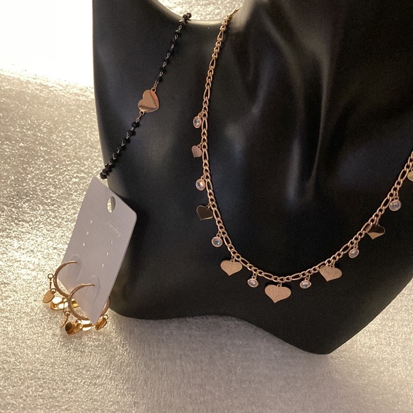 NWOT - Stainless Steel Cute Heart Rose Gold Tassel Bohemia Choker Necklace Set - Picture 13 of 16